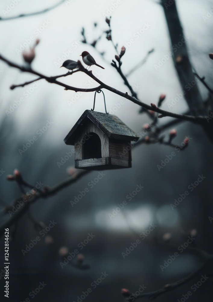 Poster birdhouse hanging from a tree branch. the birdhouse is made of wood and has a small window on the fr
