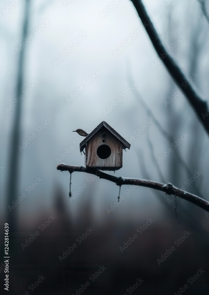 Poster photograph of a birdhouse hanging from a tree branch. the birdhouse is made of wood and has a small 