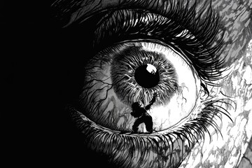 Fototapeta premium Giant Eye Encompassing Small Figure Within Its Iris