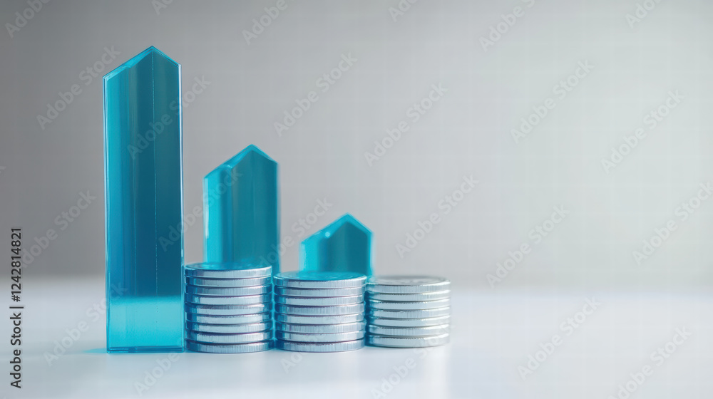 Poster double exposure image featuring blue transparent bars representing bar chart alongside stacks of sil