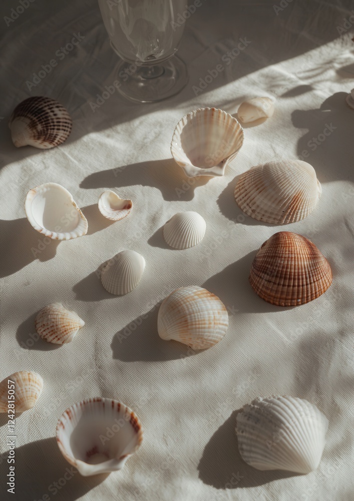 Poster group of seashells scattered on a white tablecloth. there are nine shells in total, arranged in a sc