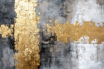 Wall art, minimalist, with textured paint in shades of grey and gold. 
