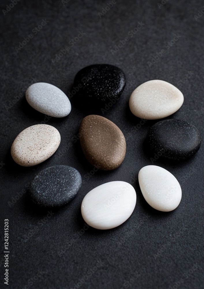 Poster group of nine pebbles arranged in a scattered manner on a black surface. there are nine stones in to