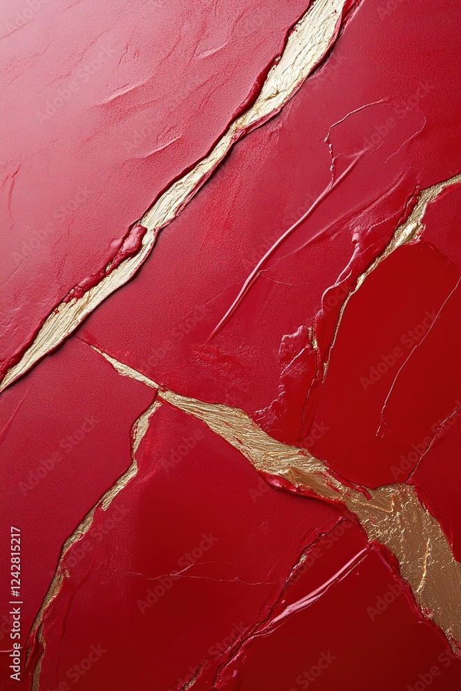 Poster rich red tones blend seamlessly with shimmering gold streaks, creating a captivating design that ser