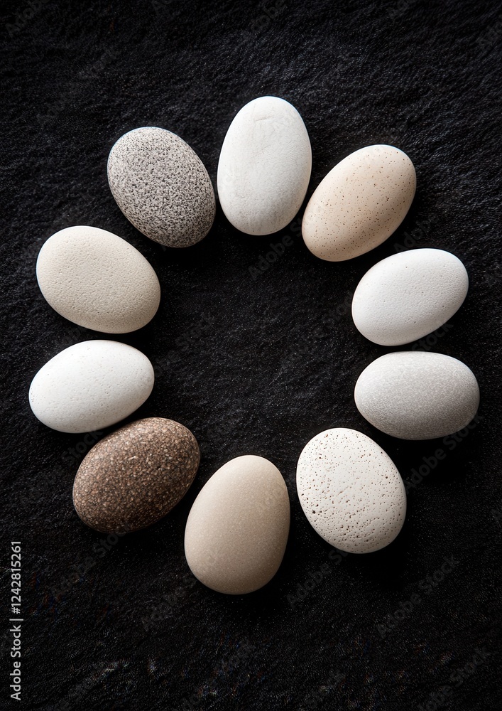 Poster group of nine white pebbles arranged in a circular pattern on a black surface. the pebble stones are