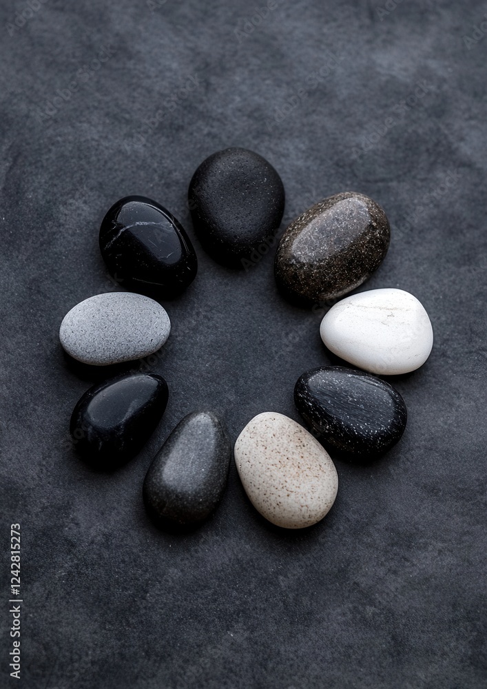 Poster group of nine pebbles arranged in a circular pattern on a dark grey textured surface. the stones are