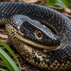 Fototapeta premium A king cobra with its hood fully expanded, showcasing intricate scale details.