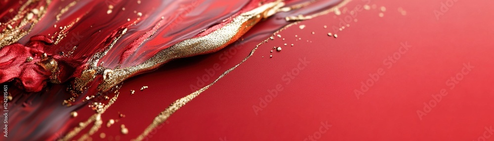 Poster this visually striking design features a vibrant red backdrop enhanced by abstract gold streaks, cre
