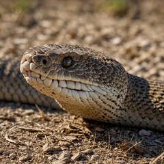 Fototapeta premium A rattlesnake poised to strike, its fangs and rattle clearly visible.