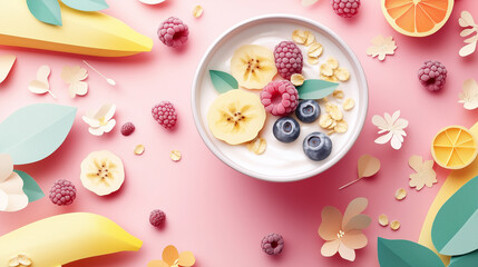 Healthy breakfast. A cup of yogurt berries, bananas and muesli. Healthy eating. Healthy Vegetarian food background