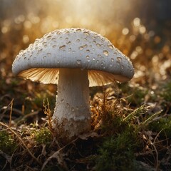 A hyper-realistic oil painting of a white mushroom glistening in soft golden light.