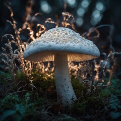 An abstract composition featuring swirling patterns around a glowing white mushroom.