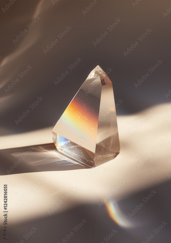 Poster close-up of a crystal pyramid on a white surface. the pyramid is made of clear glass and has a trian