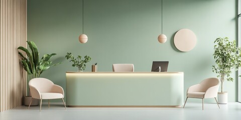 Modern minimalist reception area with pastel green walls