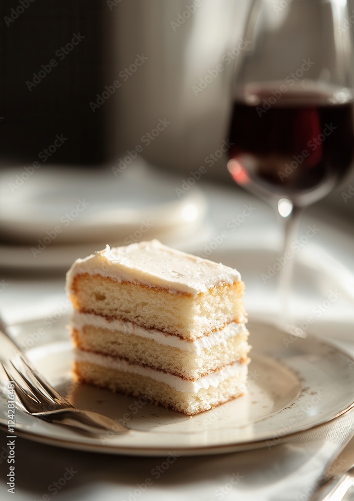 Aufkleber slice of cake on a white plate with a fork on the side. the cake appears to be a three-tiered cake w
