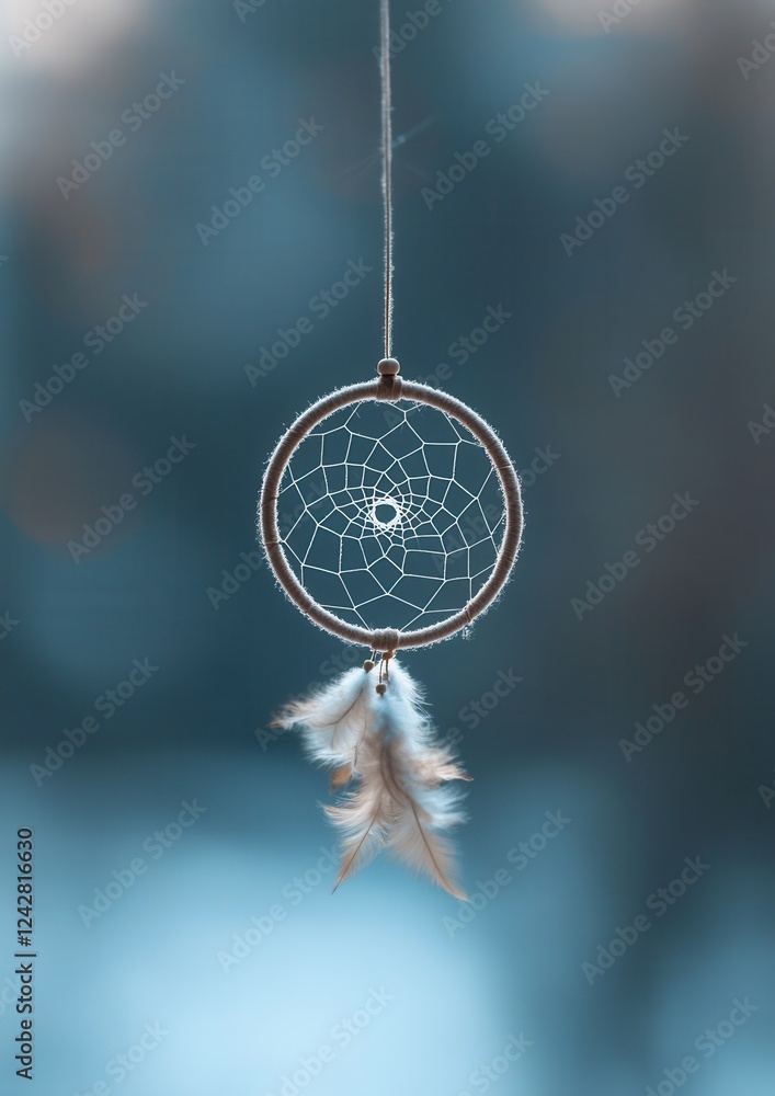Poster close-up of a dreamcatcher hanging from a string. the dream catcher is made up of a circular hoop wi