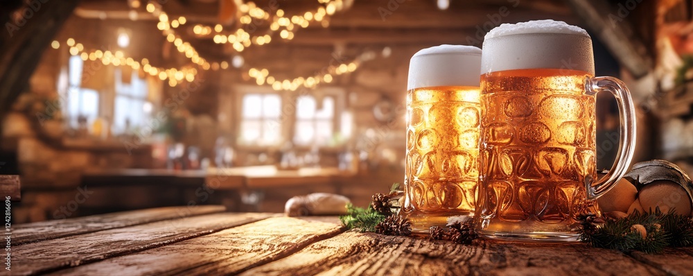Poster two mugs of beer resting on a wooden table in a warmly lit pub