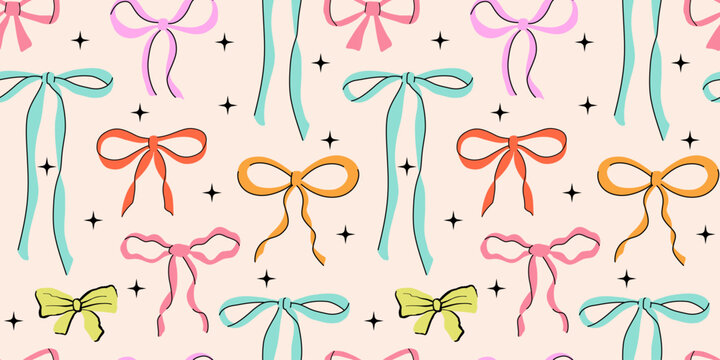 Vector seamless pattern with bows and ribbons. Hand drawn trendy pattern for background, print, scrapbook, fabric, textile design.