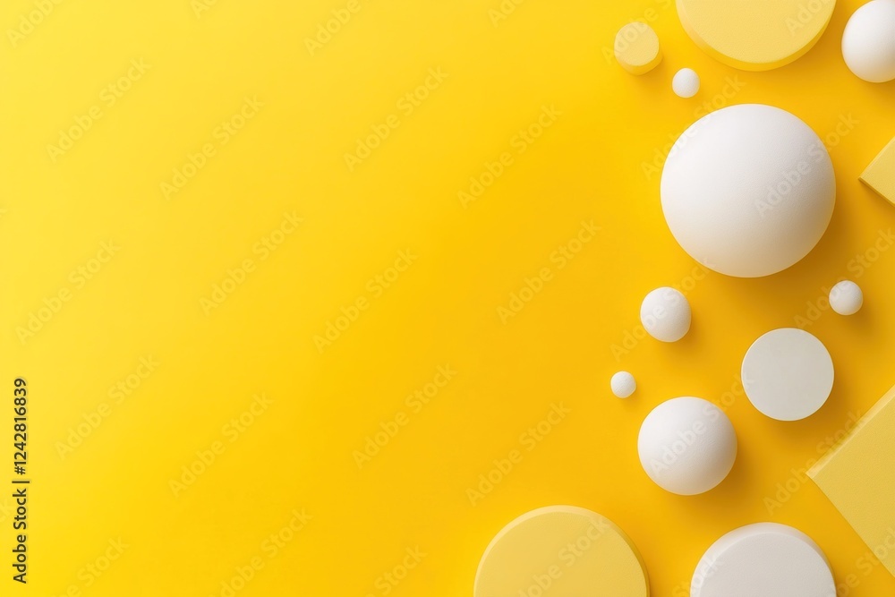 Poster bright yellow canvas features minimalistic abstract shapes like circles and triangles, creating a ch