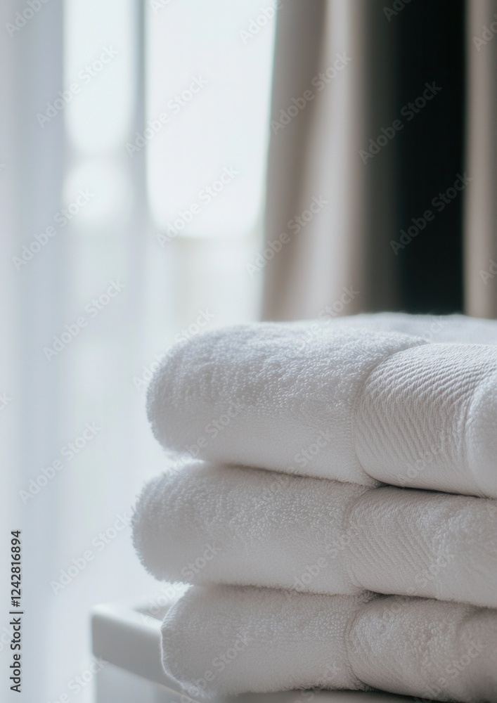 Poster stack of folded white towels on a white surface. the towels are neatly folded and stacked on top of 