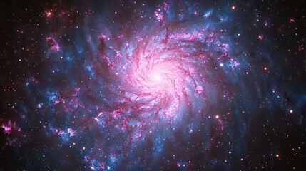 Obraz premium A vibrant pink and blue spiral galaxy in deep space