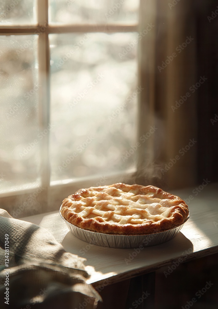 Poster freshly baked pie on a wooden table in front of a window. the pie is in a silver pie dish and has a 