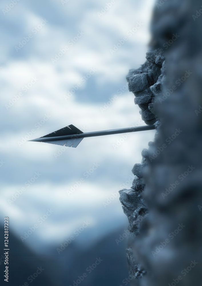 Poster black arrow pointing towards the right side of a cliff. the cliff appears to be made of rocks and bo