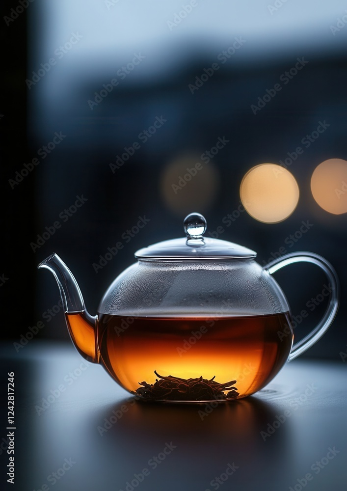 Poster close-up of a glass teapot with a handle and a spout. the tea is dark brown in color and appears to 