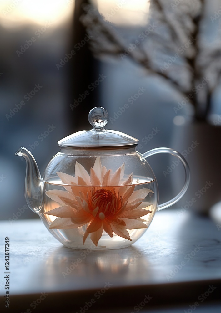 Poster close-up of a glass teapot with a lid and handle. the lid is round and has a small knob on top. the 