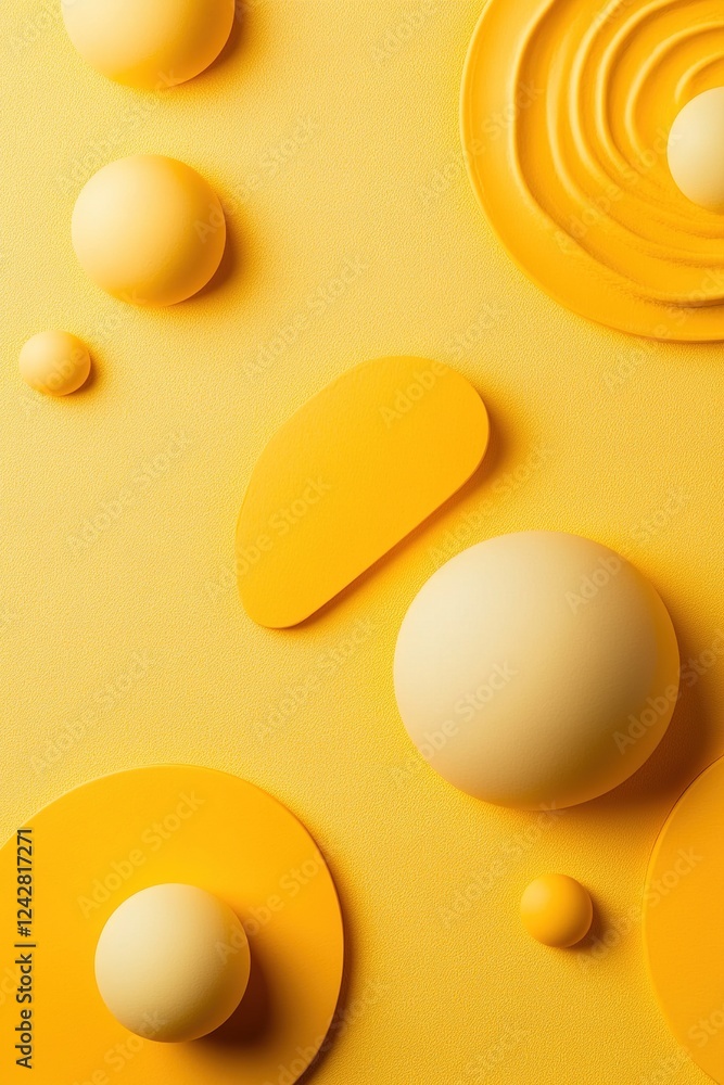 Poster bright yellow background showcases abstract shapes such as circles and triangles in various shades. 