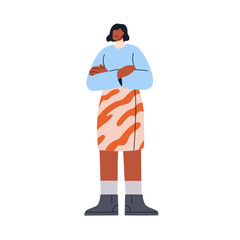 Young black woman standing with arms crossed. Female in neutral pose with straight face expression. Confident girl in modern casual style outfit. Flat vector illustration isolated on white background