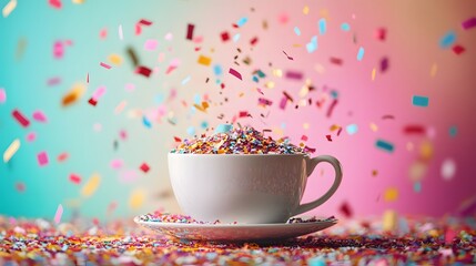 confetti falling in a cup of coffee on a colorful background