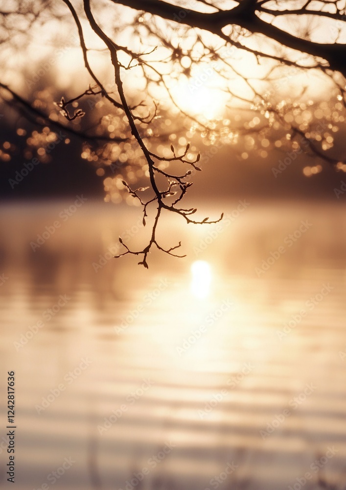 Poster photograph of a tree branch with the sun setting in the background. the branch is in the foreground,