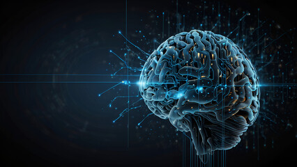 Fototapeta premium A futuristic and abstract visualization of artificial intelligence represented as a glowing brain with interconnected neural networks. The brain is composed of glowing circuitry, with electric blue li