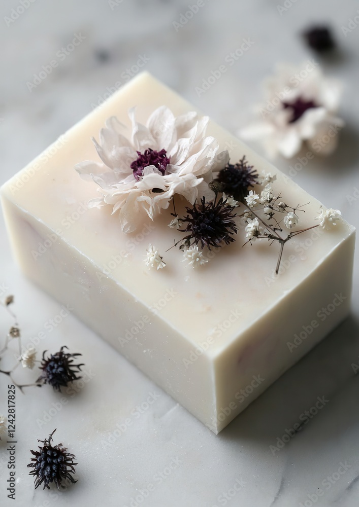 Poster close-up of a square-shaped soap bar on a white marble surface. the soap bar is white in color and h