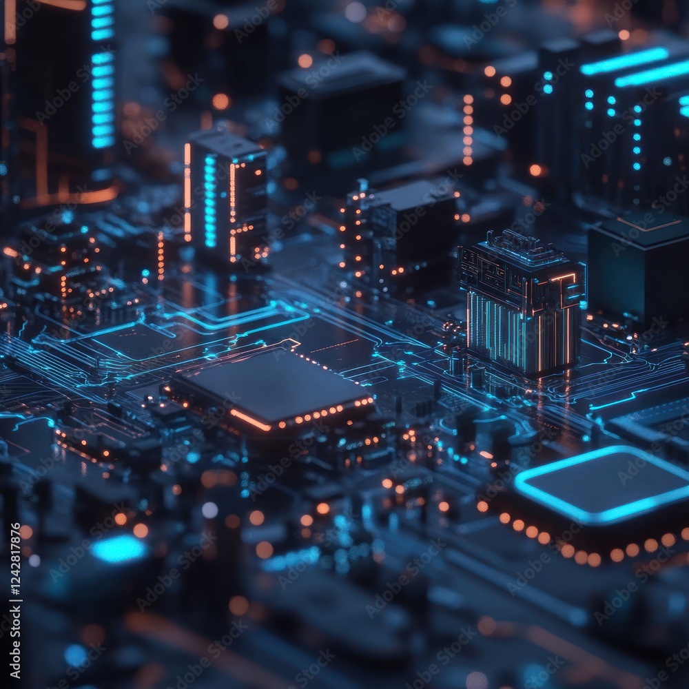 Poster close-up illuminated circuit board. glowing electronic components. computer hardware for technology 