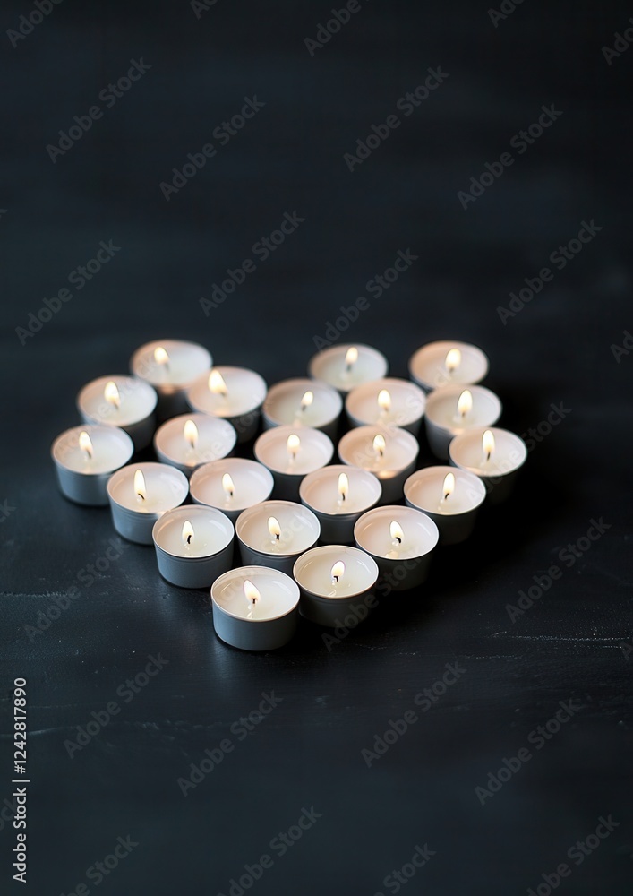 Poster group of small white tealight candles arranged in a heart shape on a black surface. the candles are 