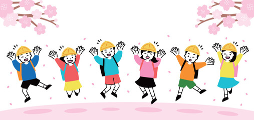 春の新学期、入学式で桜の舞う中小学生(新入生)がジャンプしながら喜ぶ笑顔の子供イラスト

