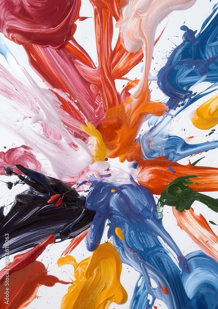 Poster abstract digital art piece that appears to be made up of different colors and shapes. the colors are