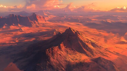 Naklejka premium Majestic mountain range at sunset, vibrant colors painting the sky and terrain, perfect for inspiring travel or adventure themes.