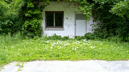 Overgrown cottage, white walls, spring flowers, nature