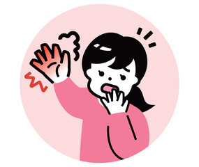 危険な熱いものに触れる女の子：子供の手のやけど注意イラスト素材_火傷注意