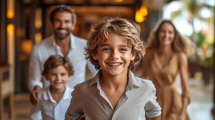 Obraz premium Portrait of smiling boy with his parents in the background at home