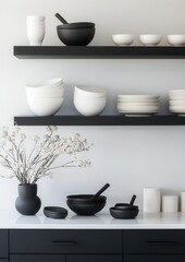 Obraz premium Modern kitchen countertop with three black shelves above it. on the shelves, there are several white bowls and plates arranged neatly.