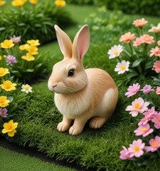 Fototapeta premium Wooden rabbit ornament nestled in artificial turf with spring flowers, foliage, decorative item