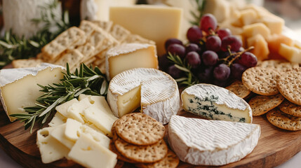 Assorted gourmet cheese platter with grapes, nuts, and crackers, artistically arranged on a rustic wooden board for an elegant dining presentation