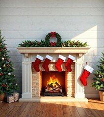 wooden mantel decorated with stockings and holly by the fireplace, rustic charm, stockings, mantelpiece