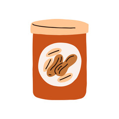 Peanut butter jar. Creamy nutty food, spread. American snack, nut cream. Natural paste, product for breakfast, lunch in package. Flat graphic vector illustration isolated on white background