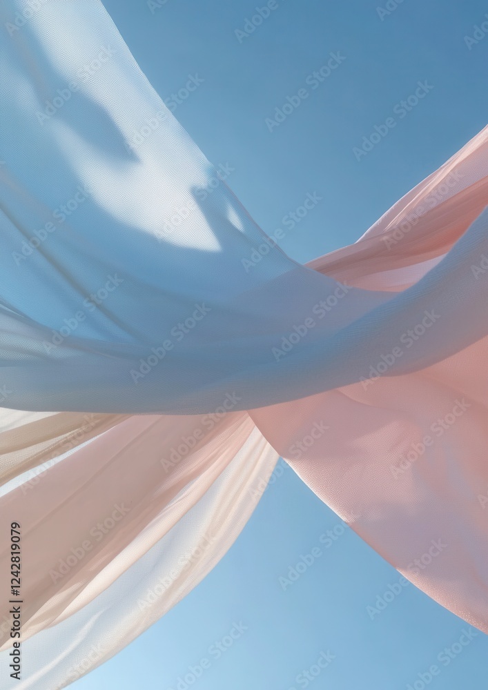 Poster close-up of a fabric with a blue sky in the background. the fabric appears to be flowing in differen