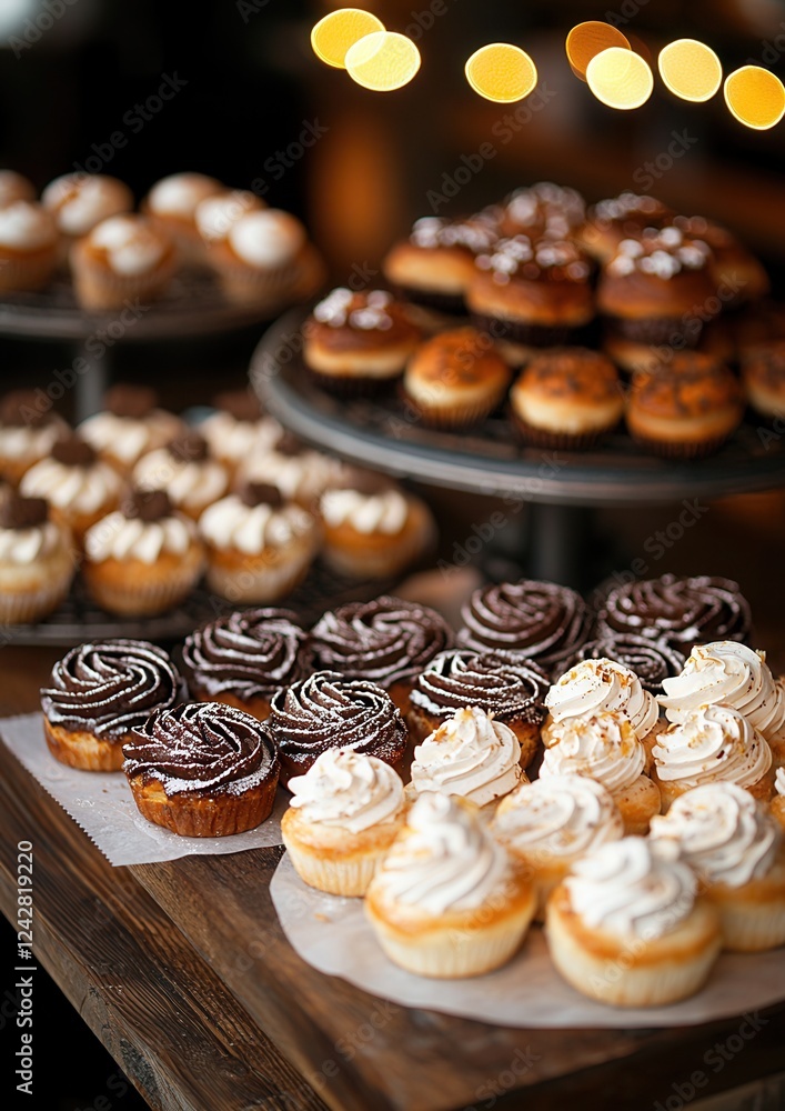 Poster table with a variety of cupcakes and muffins on it. there are three tiered trays on the table, each 